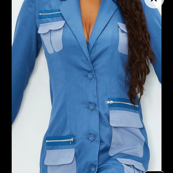 Blue Woven Multi Pocket Zip Detail Blazer Dress - Picture 3 of 5